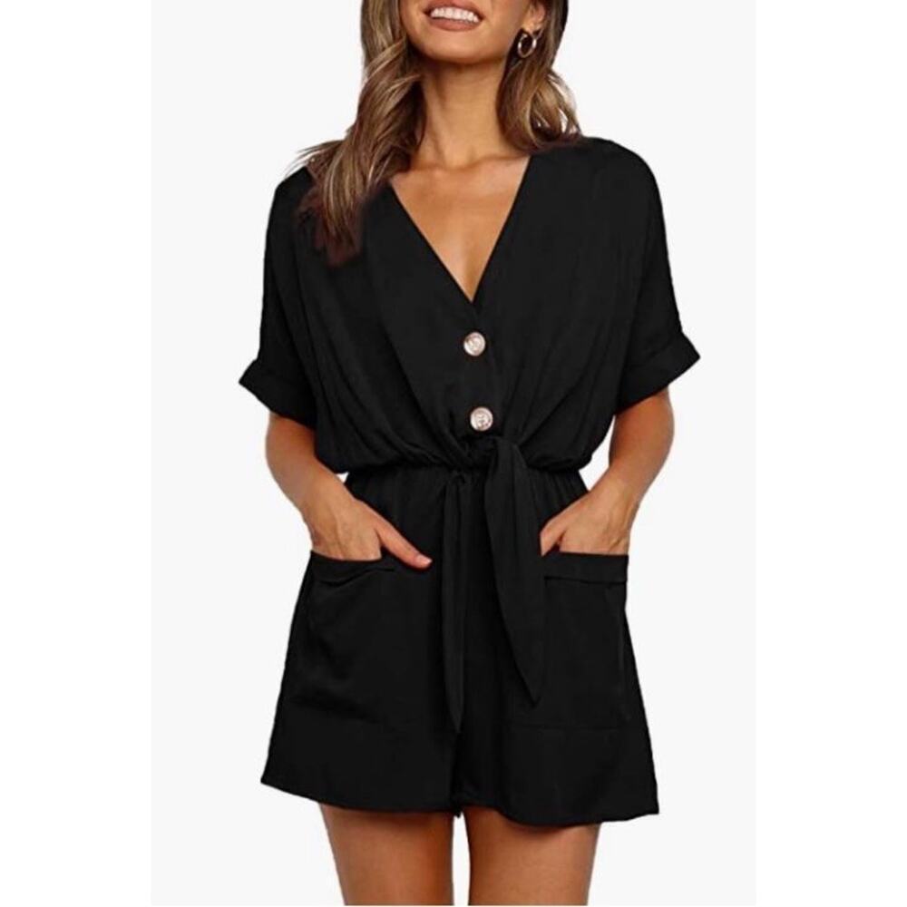 Women's Black Short Sleeve Tie Front Romper Pockets Sz L